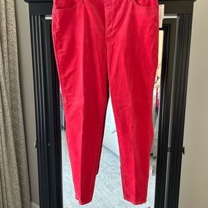 Talbots red corduroy jeggings.  High waist, skinny leg, ankle length.